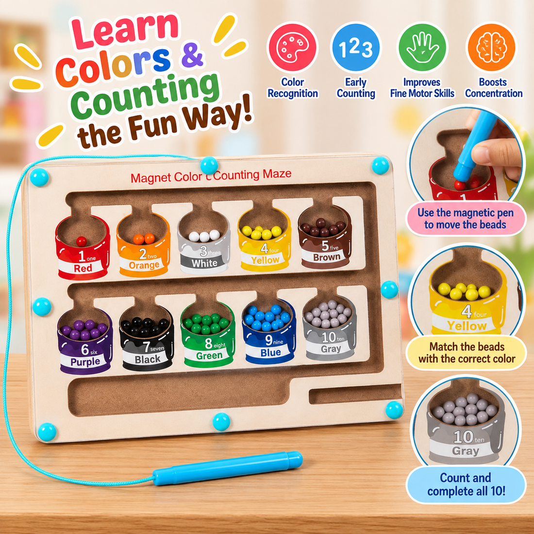 Magnetic Color & Counting Bead Maze – Montessori Learning Board🌈