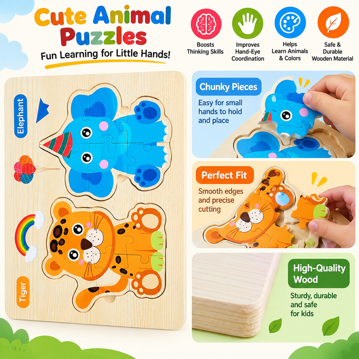 Wooden Animal Jigsaw Puzzle Board – Early Learning Puzzle Collection🧩