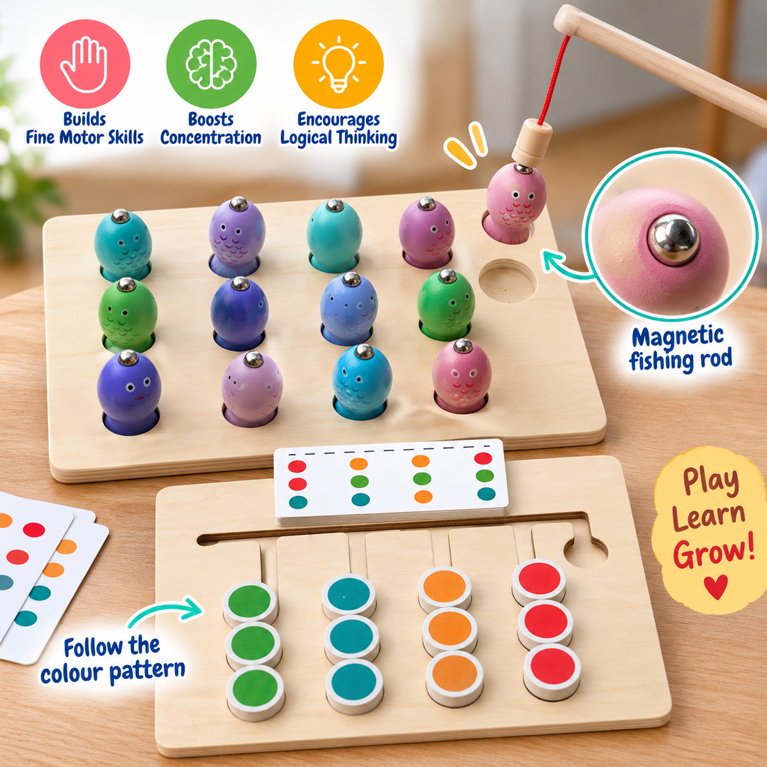 Four color logic game and magnetic fishing- two in one for double joy