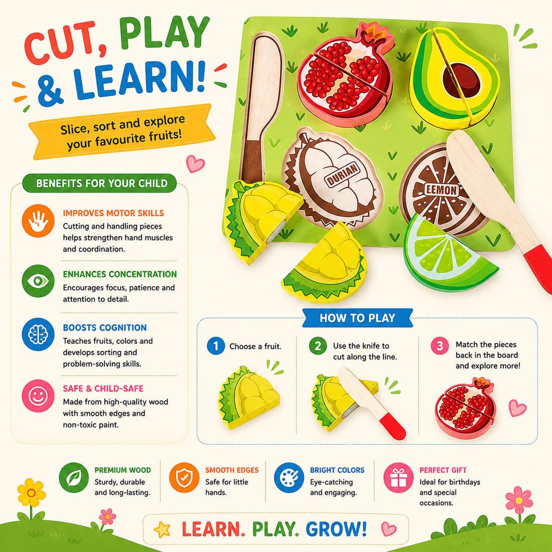 Chunky Velcro Board puzzle with wooden knife- slice and learn fun!