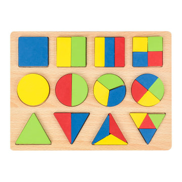 Geometric Shapes & Fractions Puzzle Board – Early Math Learning Toy