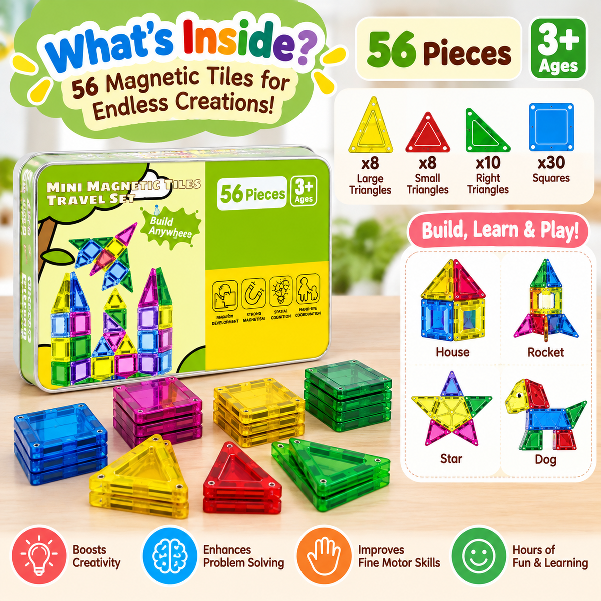 Mini Magnetic Building Tiles – 56 Piece Creative Construction Set🧲