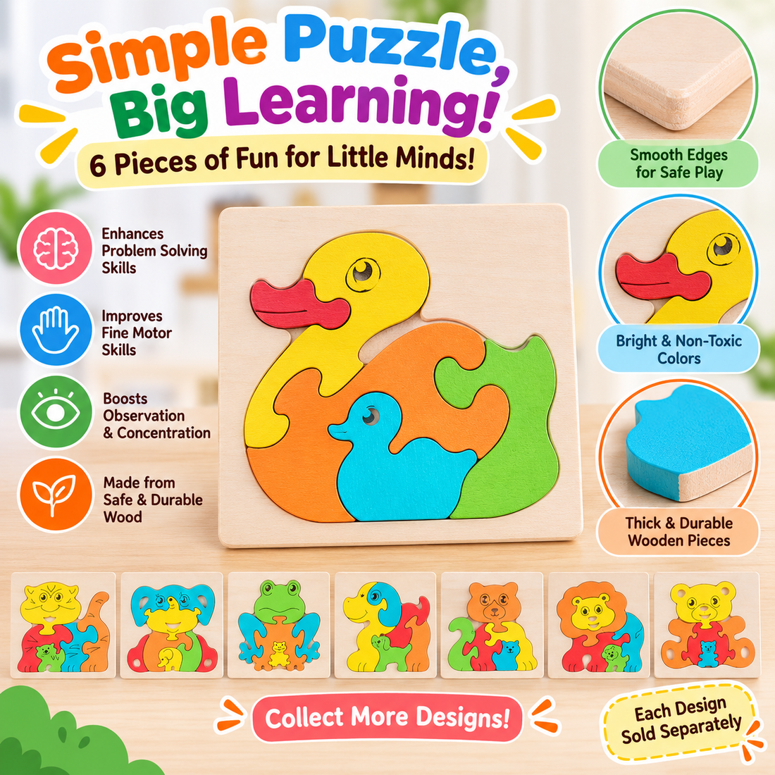 Mom and Baby 6 piece wooden puzzle- Random design (1pc)
