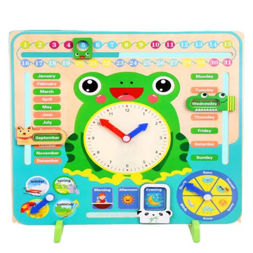 Multifunctional Wooden Calendar & Learning Clock 🐸⏰📅