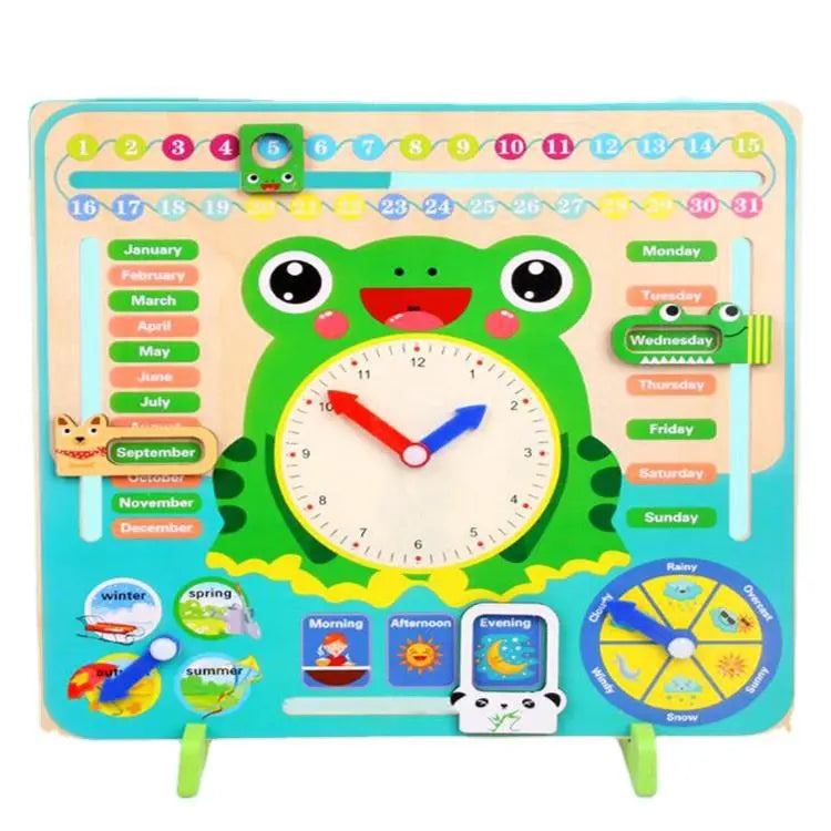 Multifunctional Wooden Calendar & Learning Clock 🐸⏰📅