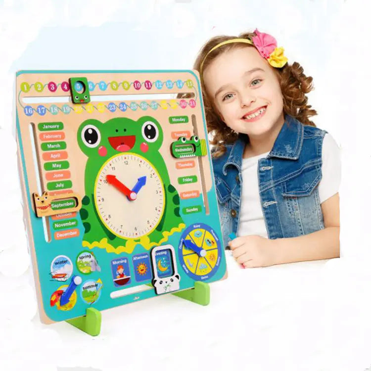 Multifunctional Wooden Calendar & Learning Clock 🐸⏰📅