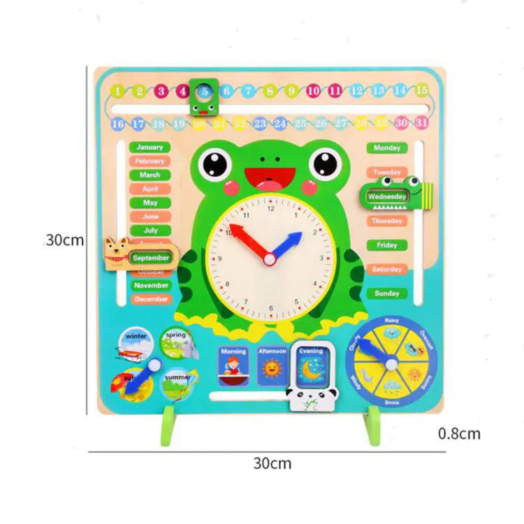 Multifunctional Wooden Calendar & Learning Clock 🐸⏰📅