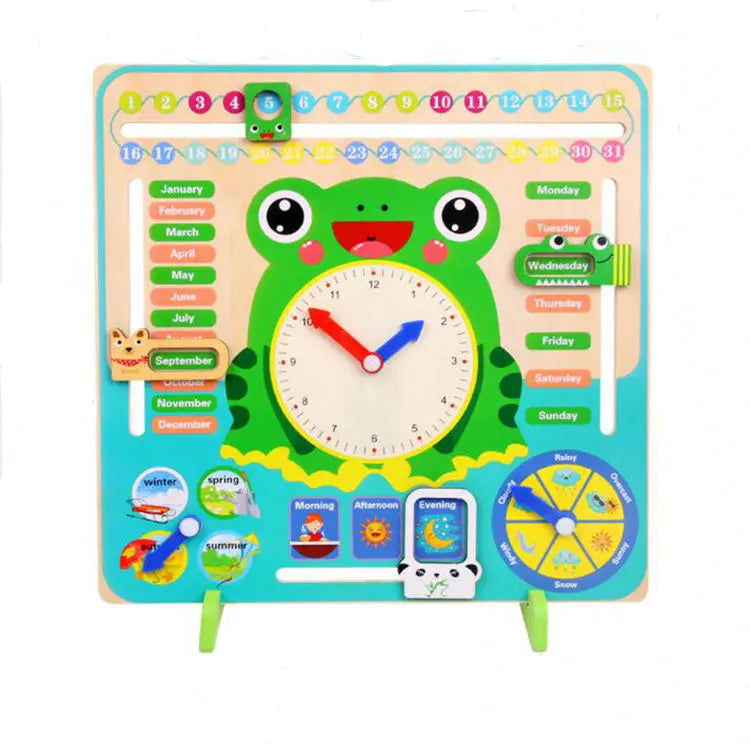 Multifunctional Wooden Calendar & Learning Clock 🐸⏰📅