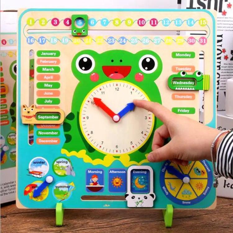 Multifunctional Wooden Calendar & Learning Clock 🐸⏰📅