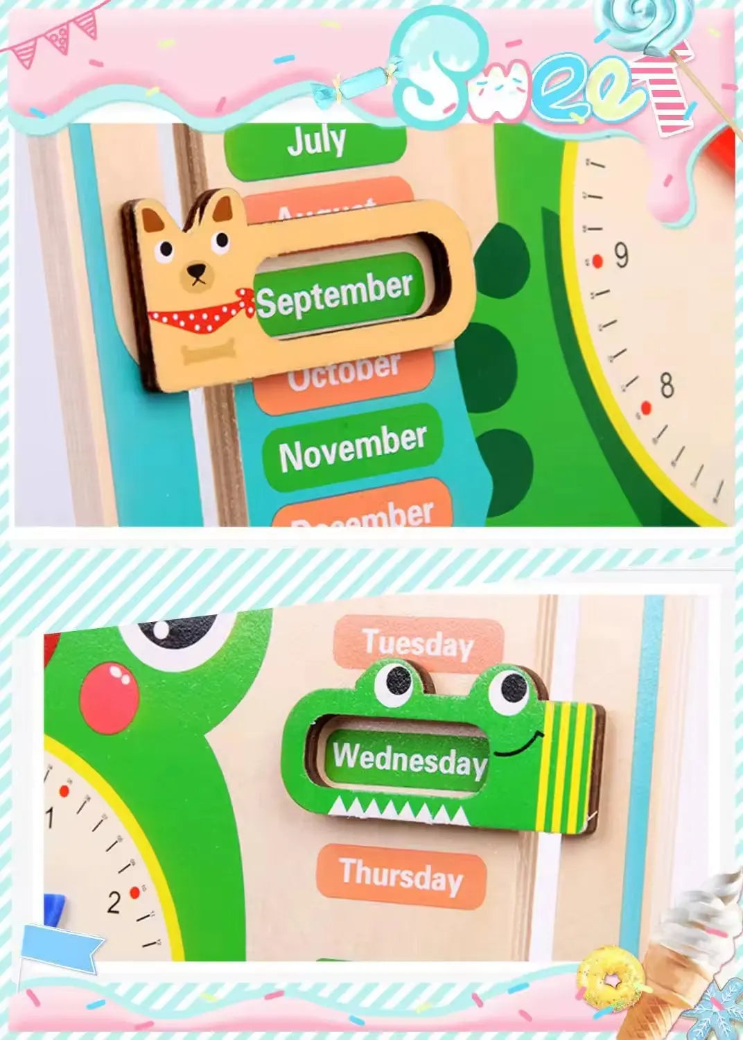 Multifunctional Wooden Calendar & Learning Clock 🐸⏰📅