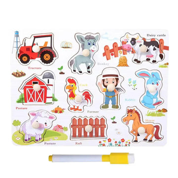 Educational wooden peg board with base image – farm theme with whiteboard and marker