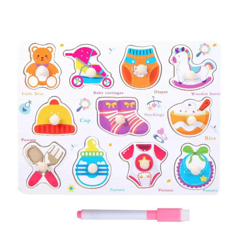 Educational wooden peg board with base image – kids play theme with whiteboard and marker