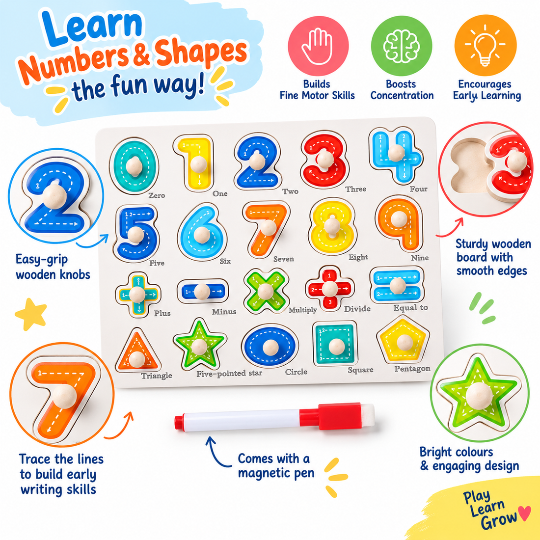 Educational wooden peg board with base image – number theme with whiteboard and marker