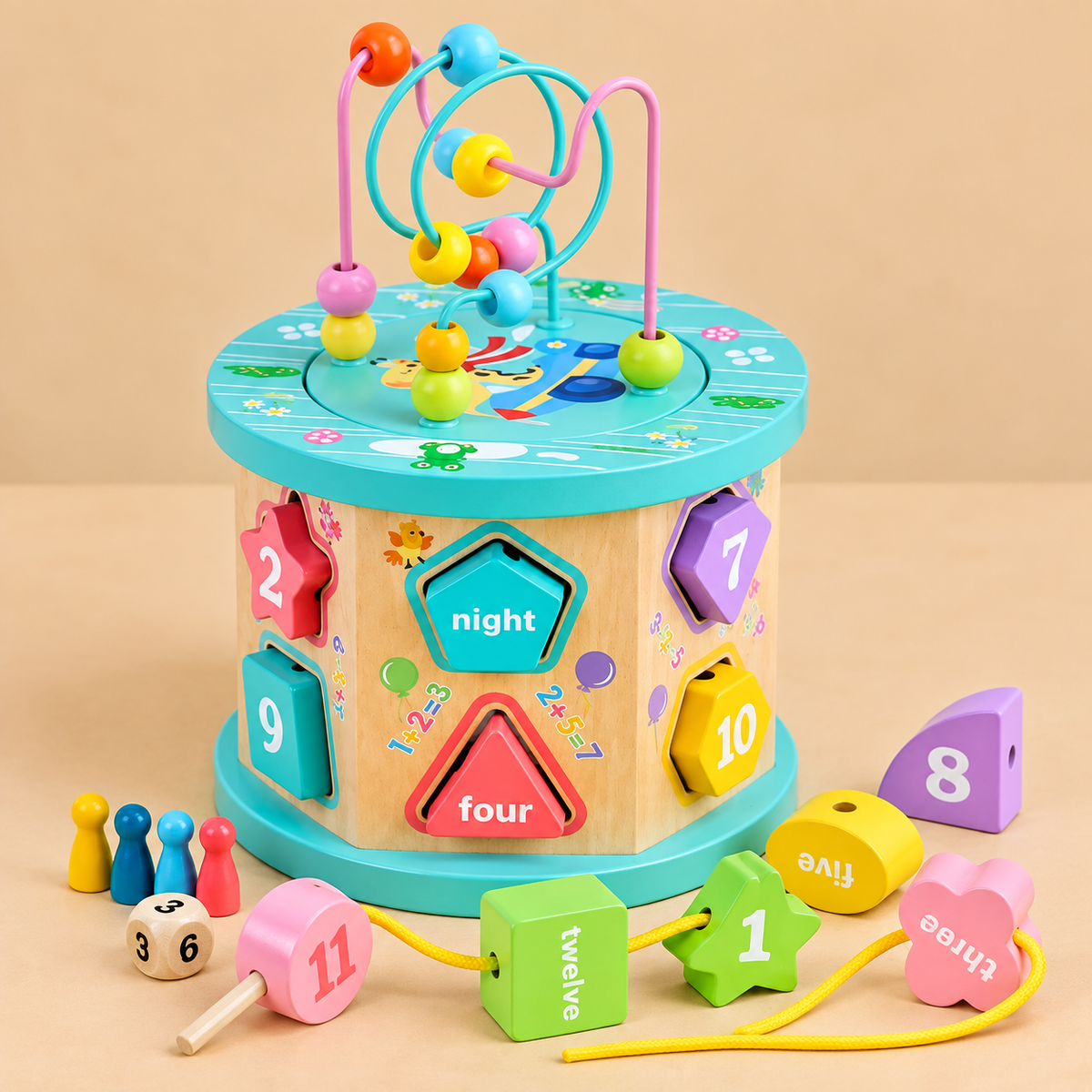 Shape Matching Round Bead Box Toy – Montessori Multifunctional Wooden Activity Cube