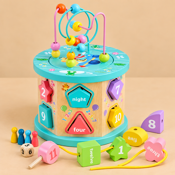 Shape Matching Round Bead Box Toy – Montessori Multifunctional Wooden Activity Cube