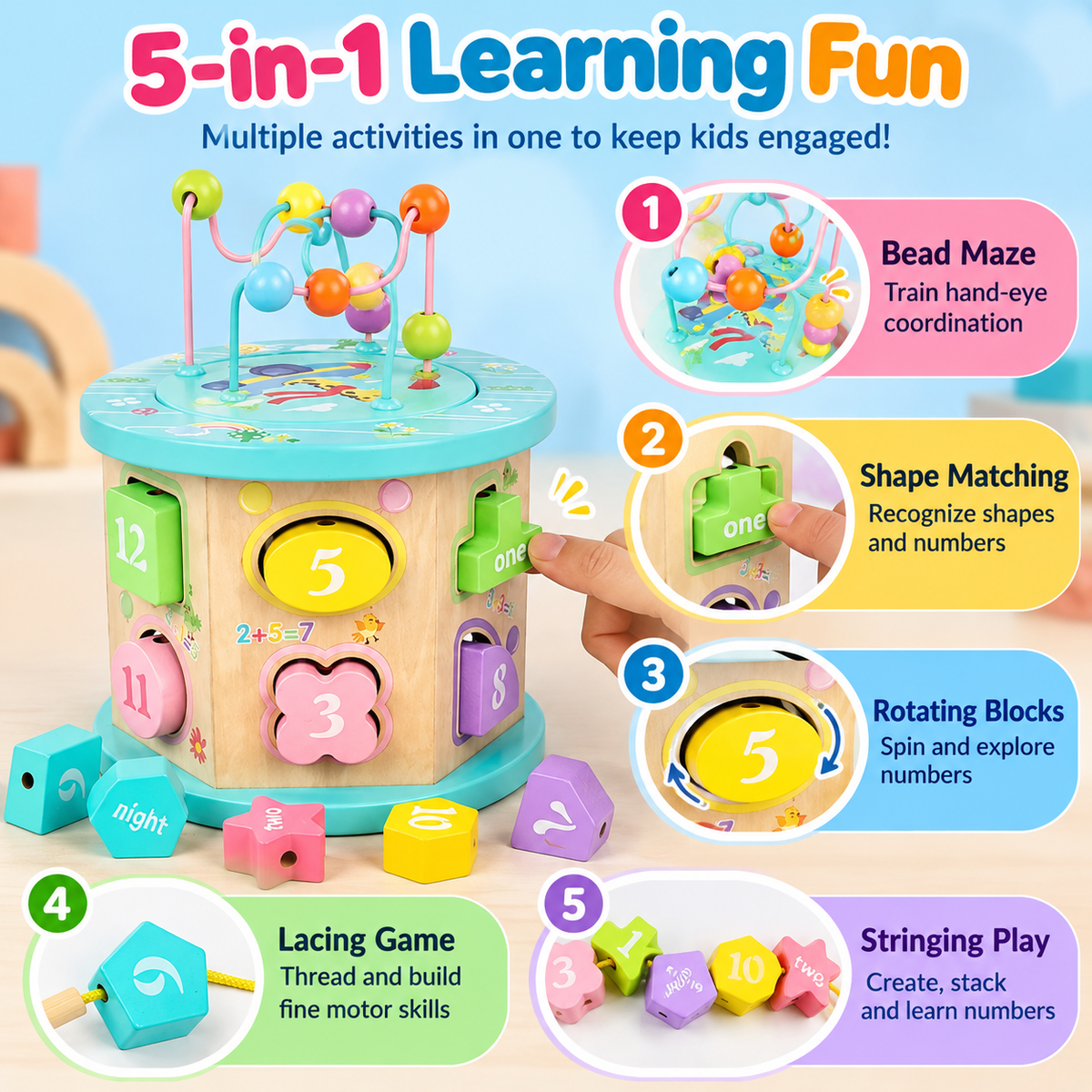 Shape Matching Round Bead Box Toy – Montessori Multifunctional Wooden Activity Cube