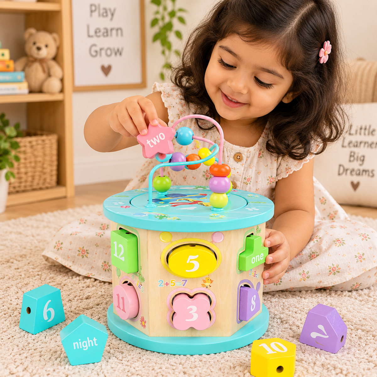 Shape Matching Round Bead Box Toy – Montessori Multifunctional Wooden Activity Cube