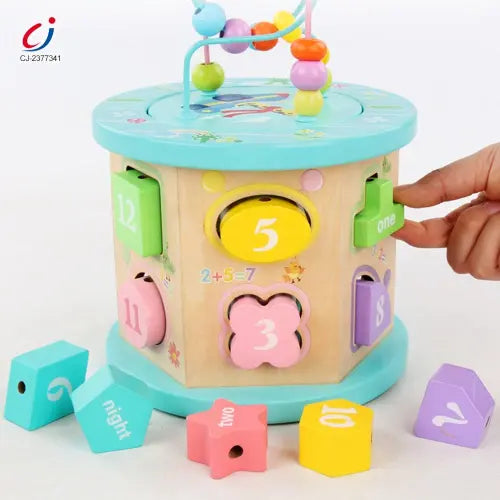 Shape Matching Round Bead Box Toy – Montessori Multifunctional Wooden Activity Cube