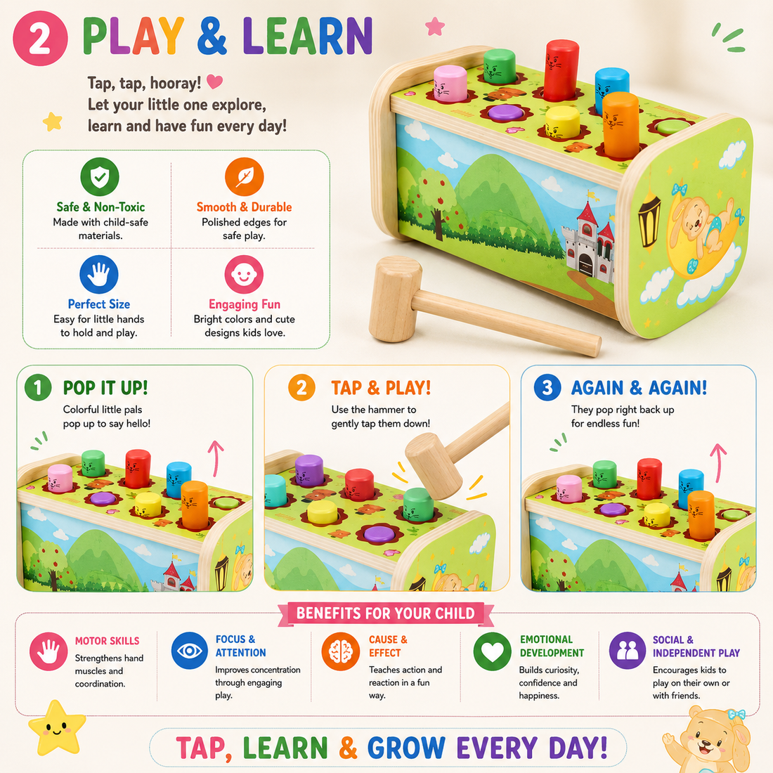 Cute Hammer Toy – Classic Wooden Whack-a-Mole Fun!