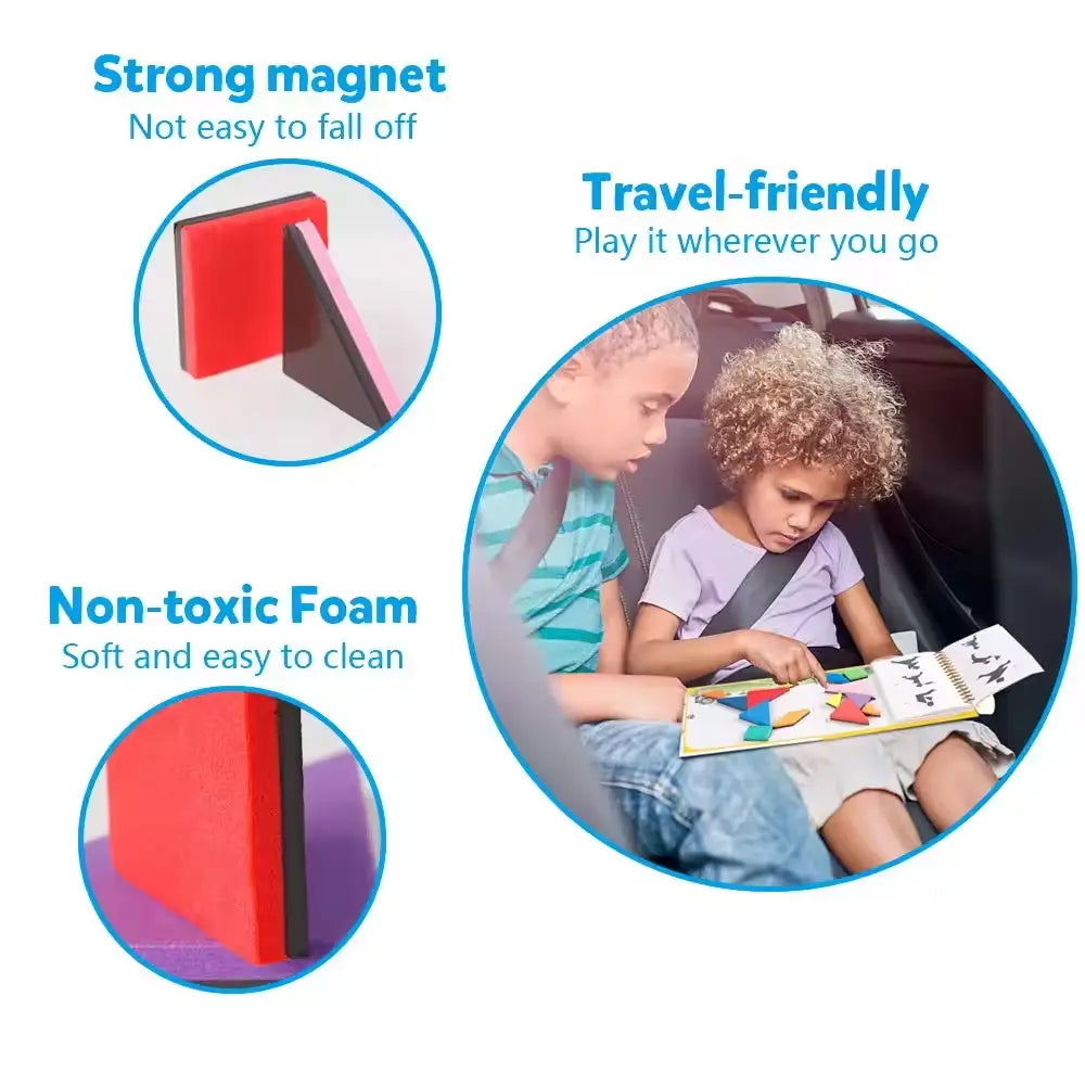 Montessori Wooden Magnetic Tangram Puzzle – 3D Creative Shape Building Blocks Educational Game for Kids
