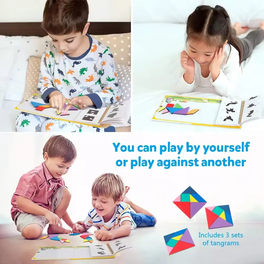 Montessori Wooden Magnetic Tangram Puzzle – 3D Creative Shape Building Blocks Educational Game for Kids