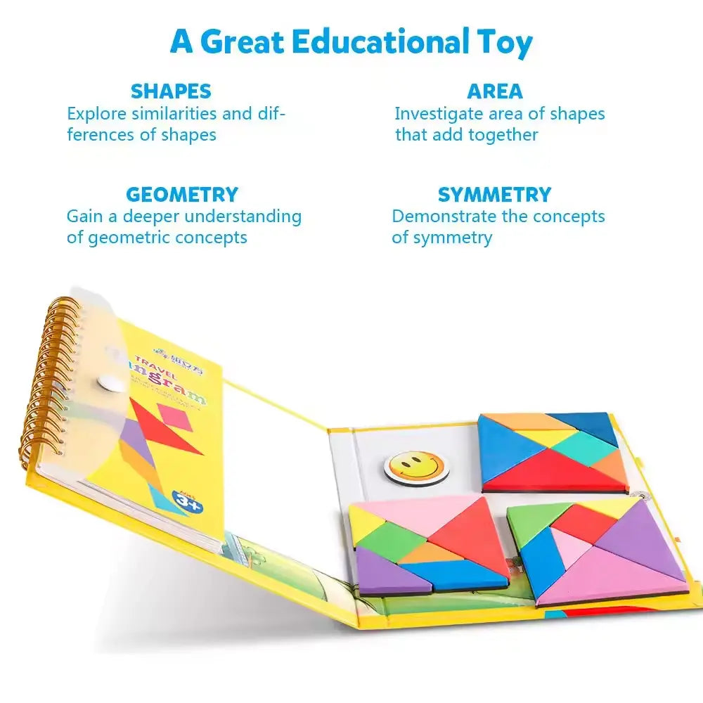 Montessori Wooden Magnetic Tangram Puzzle – 3D Creative Shape Building Blocks Educational Game for Kids