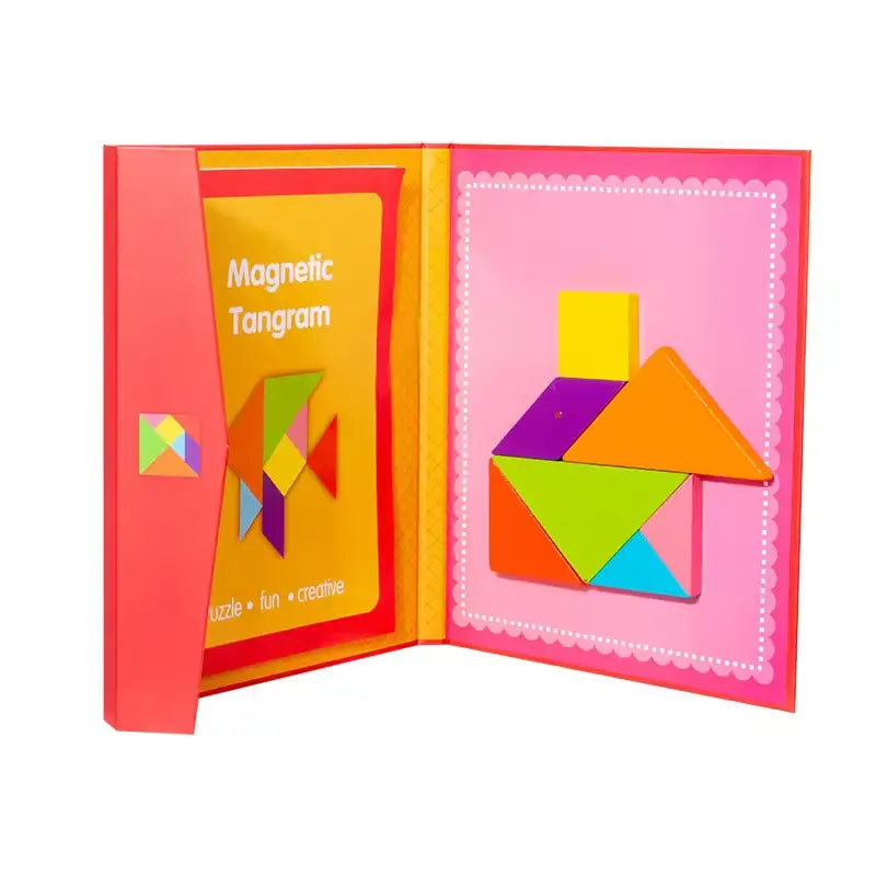 Montessori Wooden Magnetic Tangram Puzzle – 3D Creative Shape Building Blocks Educational Game for Kids
