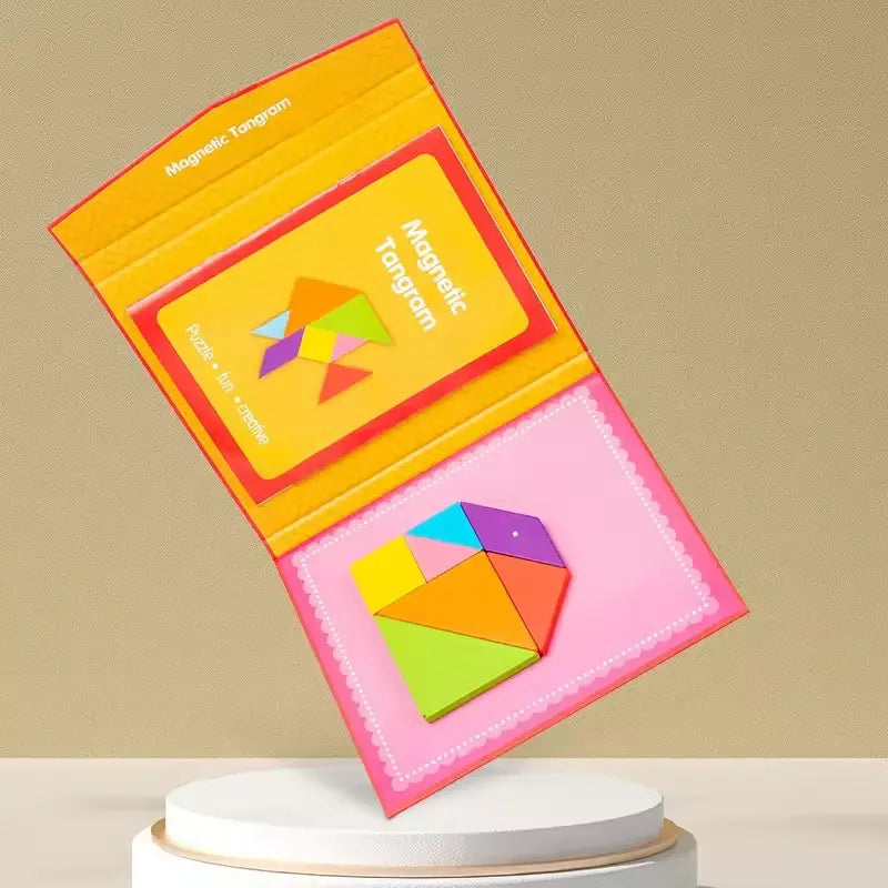 Montessori Wooden Magnetic Tangram Puzzle – 3D Creative Shape Building Blocks Educational Game for Kids