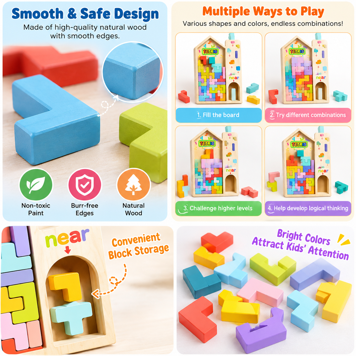 Wooden 3-in-1 Tetris Puzzle Board – Montessori Learning Toy