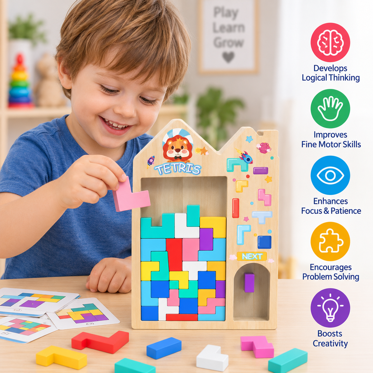 Wooden 3-in-1 Tetris Puzzle Board – Montessori Learning Toy