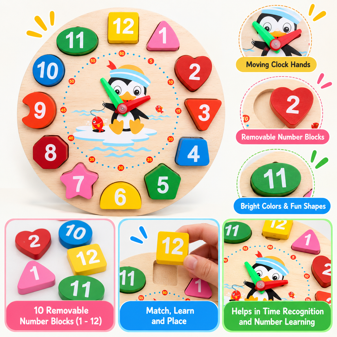 Wooden clock with multiple activity- learn shapes numbers colors timing and lacing