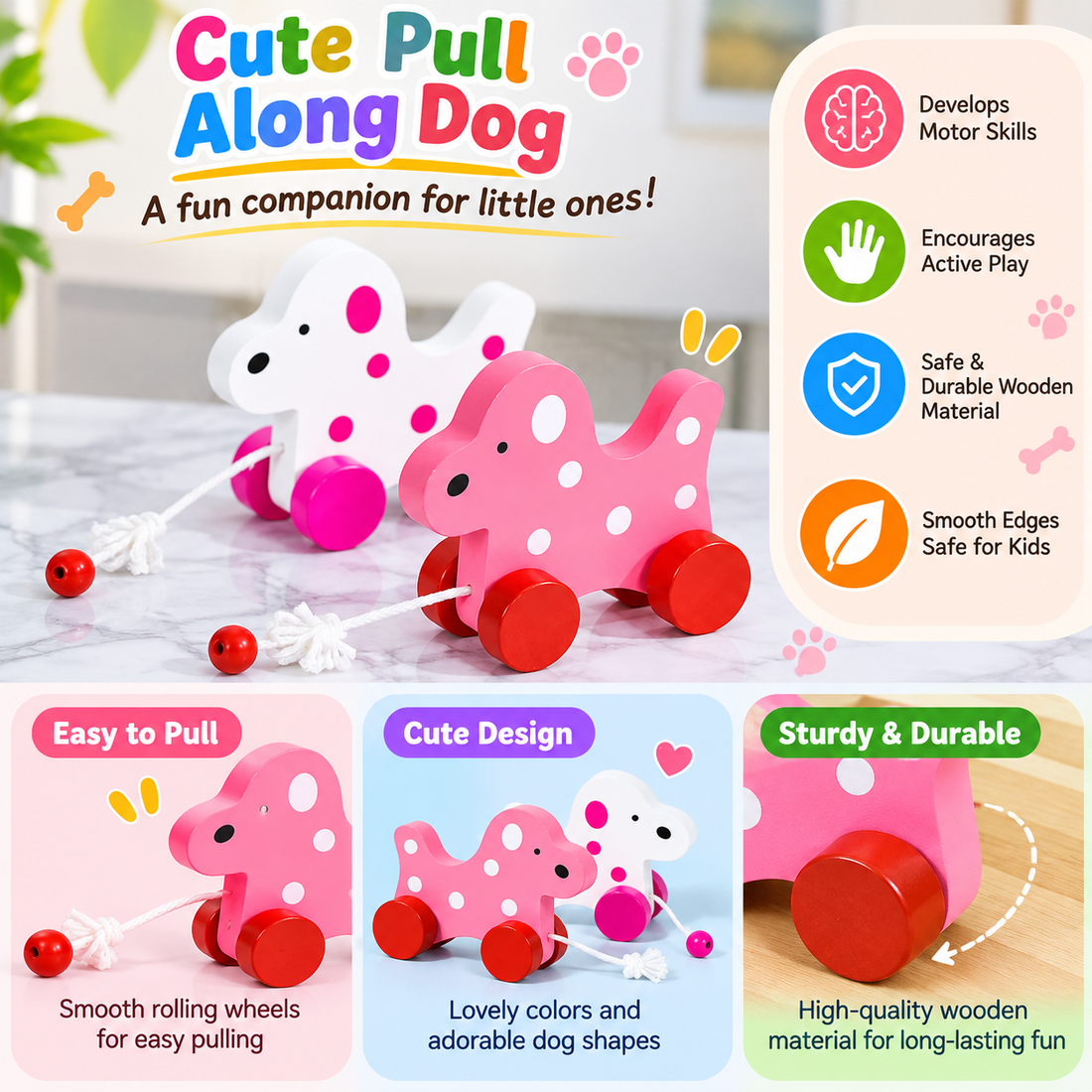 Wooden animal pull along toy(1pc)