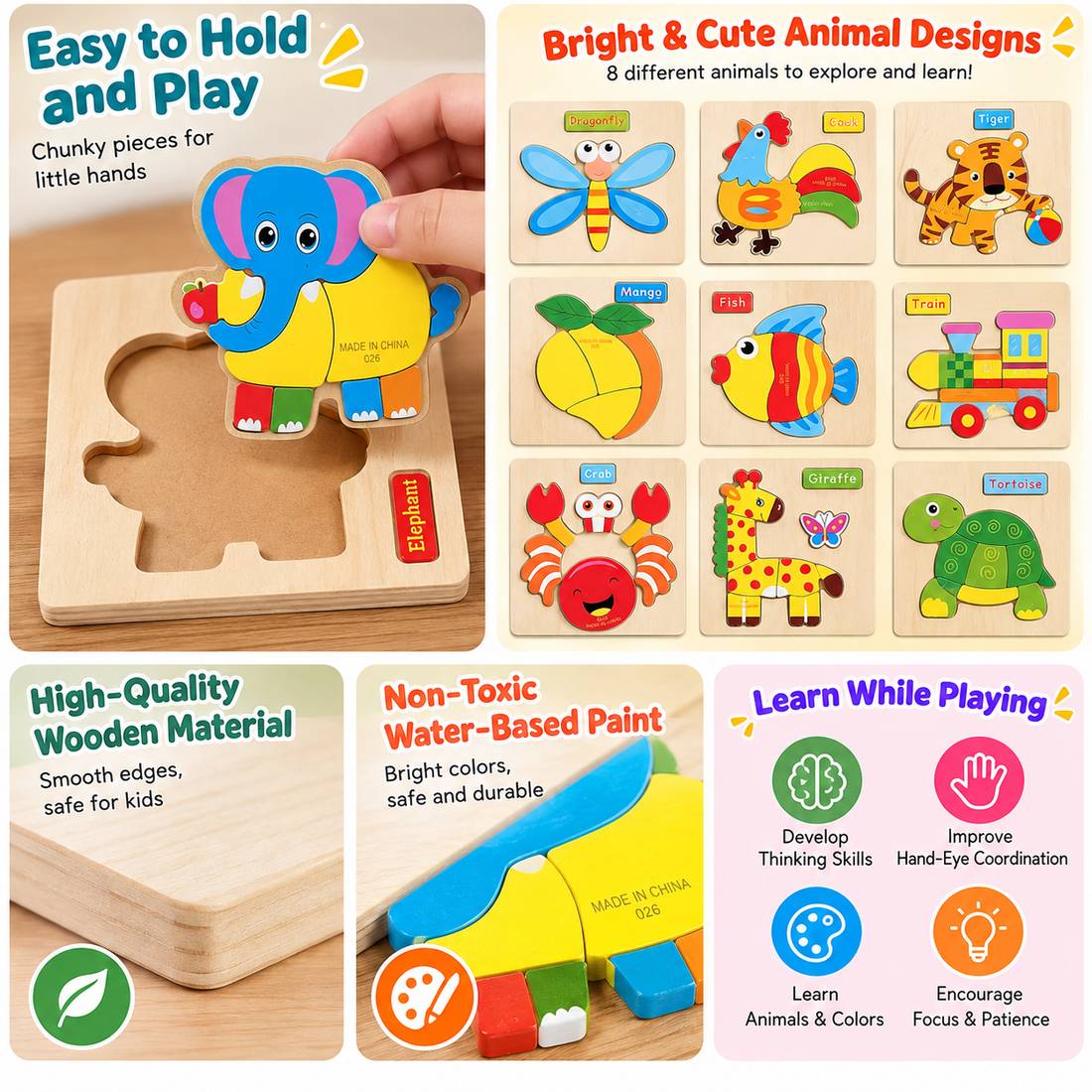 Wooden 4-Piece Learning Puzzle Boards for Toddlers